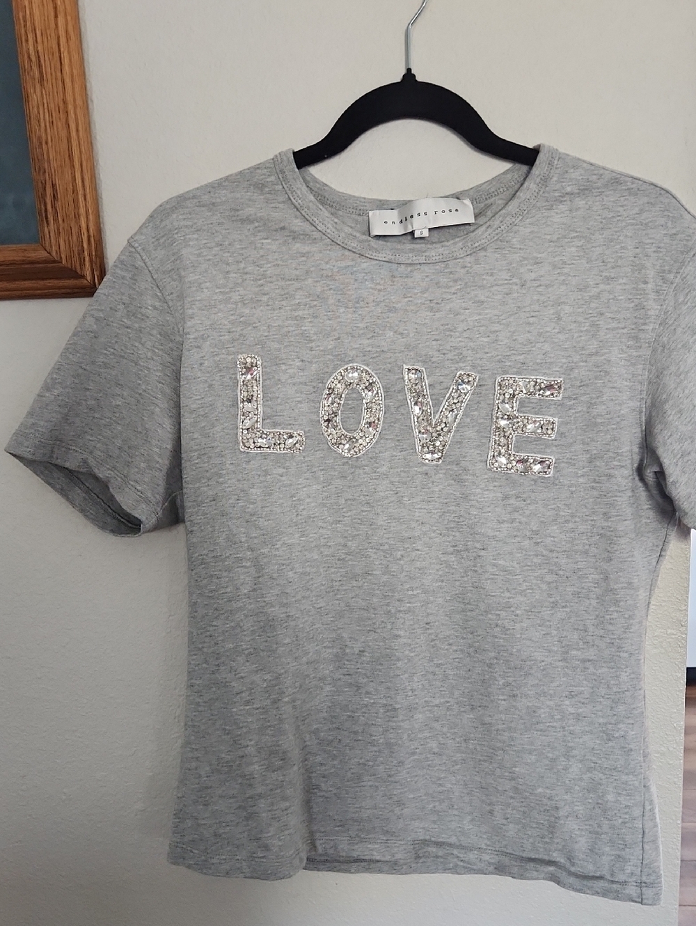 Endless Rose Grey 'LOVE' Sequin Tee Crystal Embellished Small